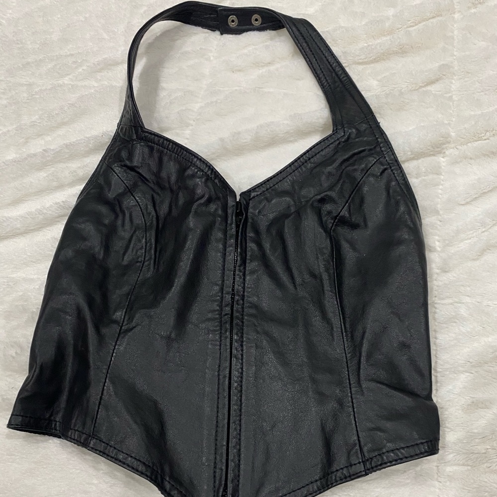 Leather zip-up halter top